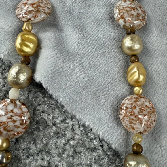 Gold Copper Speckled Long Beaded Necklace White Marble Effect Statement Beads - Picture 14 of 16